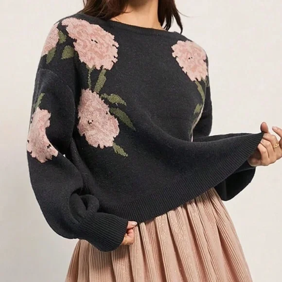 Cozy Floral Print Crew neck Loose fit Sweater Top